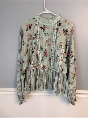 HEMANT & NANDITA Mint Green Floral Lace-Trim Peplum Top Bohemian hippie medium